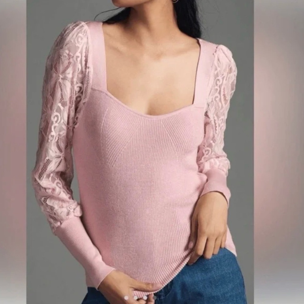 Anthropologie Pink Lace Sleeve Sweater size